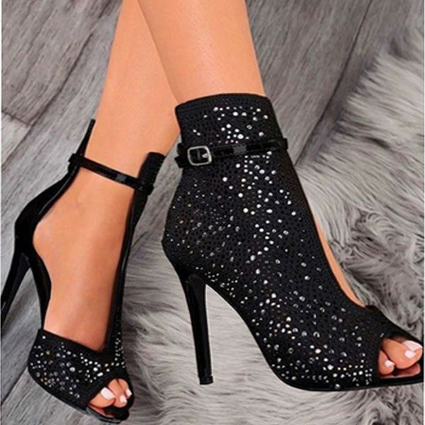 

new women crystal sandals ankle straps buckle transparent cover heel pumps ladies sandals party shoes size 35-43, Black