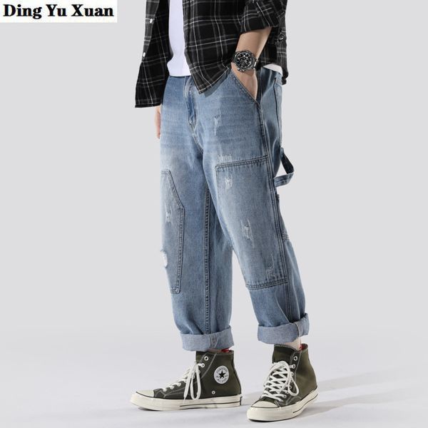 

men's jeans punk style loose fit ripped mens hi street straight leg patchwork blue denim pants for men hip hop summer jean homme