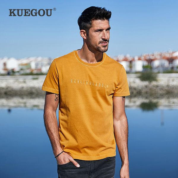 

kuegou men's t-shirt short sleeve fashion letters embroidered tshirt summer 100% cotton t shirt men plus size bt-21639, White;black