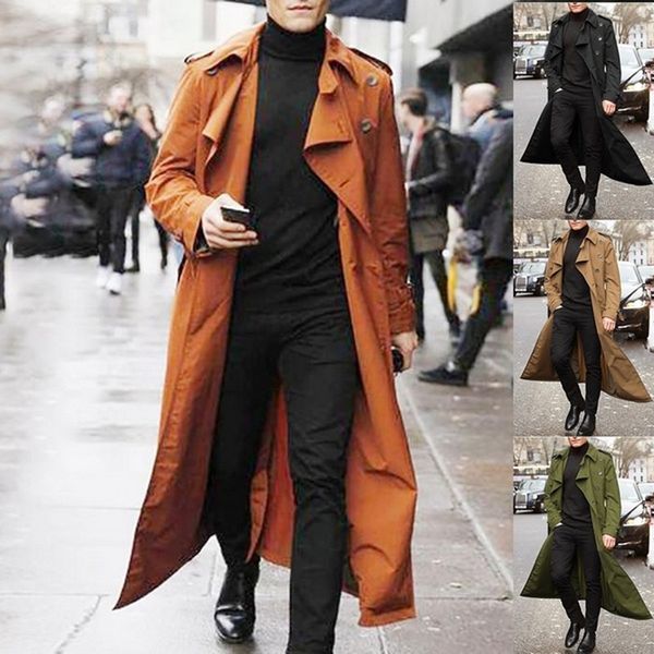 

loozykit long trench coat men solid classic spring autumn jacket men casual loose british style trench overcoat streetwear coat, Tan;black