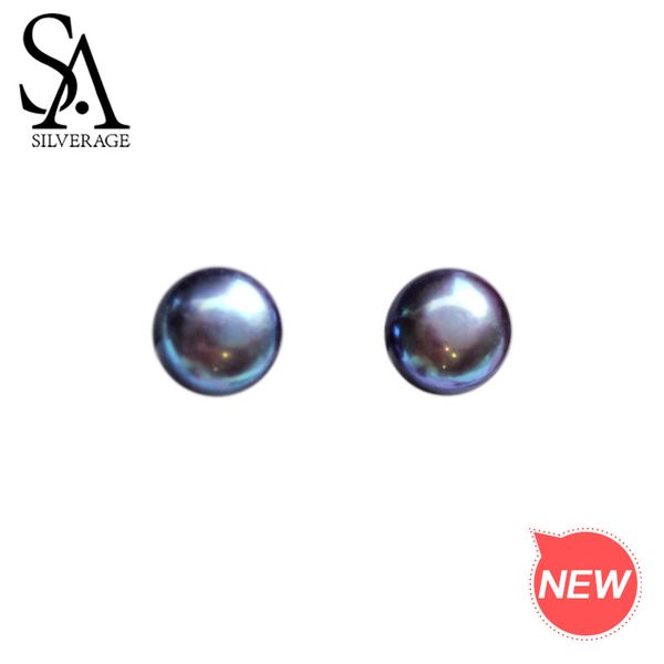 

sa silverage 925 sterling silver freshwater pearls round stud earrings for woman black pearl earrings 925 silver fine jewelry, Golden;silver