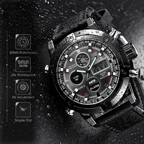 

watch men's dual mobile quartz analog digital leather strap led sports outdoor running watch casual fashion luxury a1, Slivery;brown