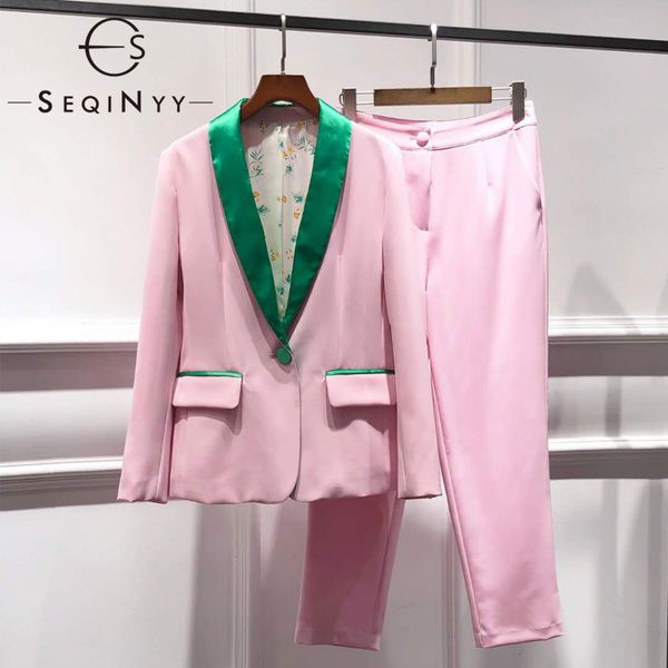 

seqinyy blazer set 2020 early spring summer new fashion design women flowers print lining + slim midi pants office lady, White;black