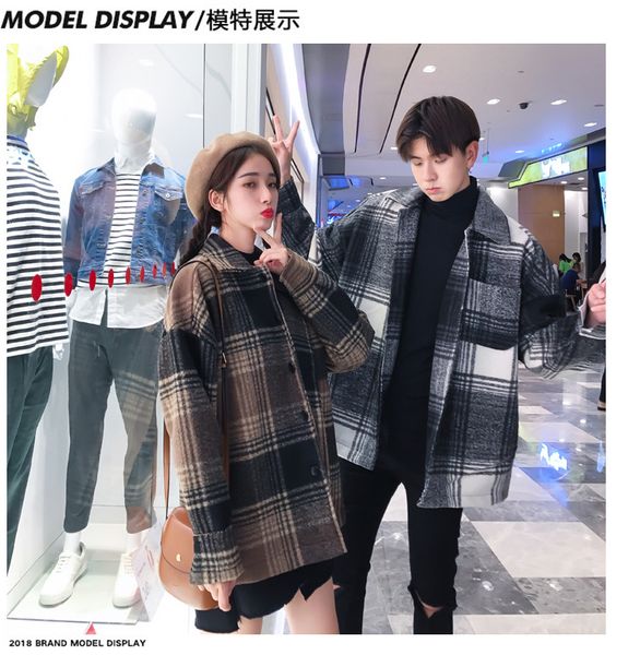 

men's and women's fashion coat in autumn loose medium long checked woolen coat, Black
