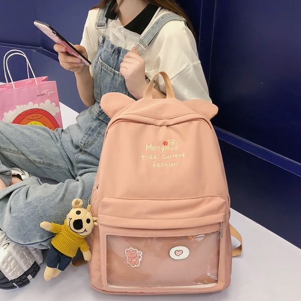 

dcimor new waterproof nylon women backpack female letters embroidery school bag transparent pocket travel backpacks ears