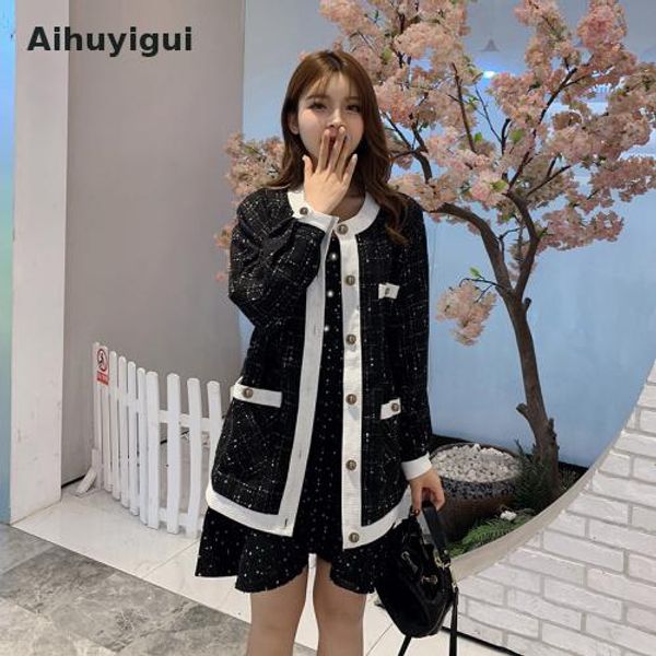 

aihuyigui 2019 winter women contrast tweet plaid jacket female 2019 temperament black white single-breasted plus size coat dr642, Black;brown