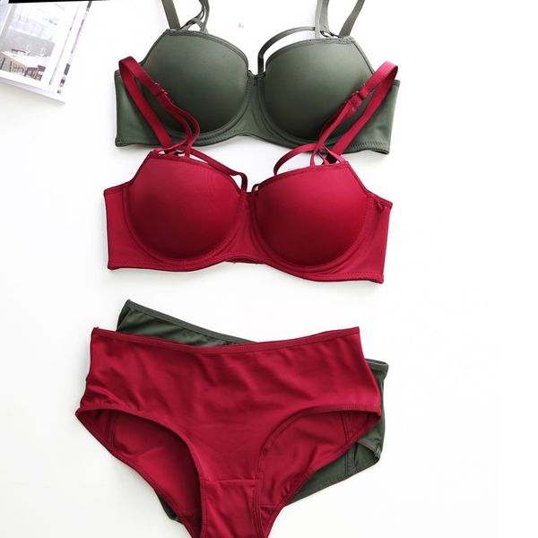 

simple fashion pure color push up intimates hollow out thin thick women underwear sets comfortable 2018 new lingerie, Red;black