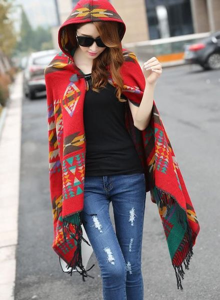 

fashion-shion fringe ethnic geometric women batwing cape poncho knit cardigan sweater coat hip scarf shawl ing, White;black