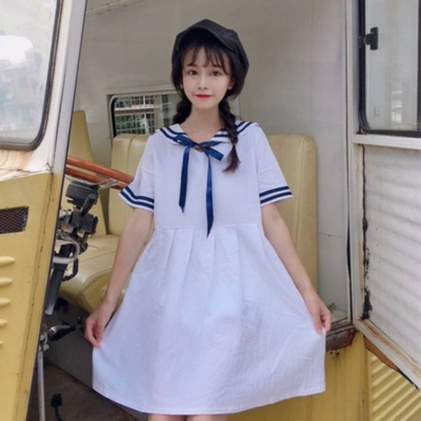 

japanese women lolita dress kawaii soft sister sailor collar short sleeve cosplay college short sleeve bow-knot dress white, Black;red