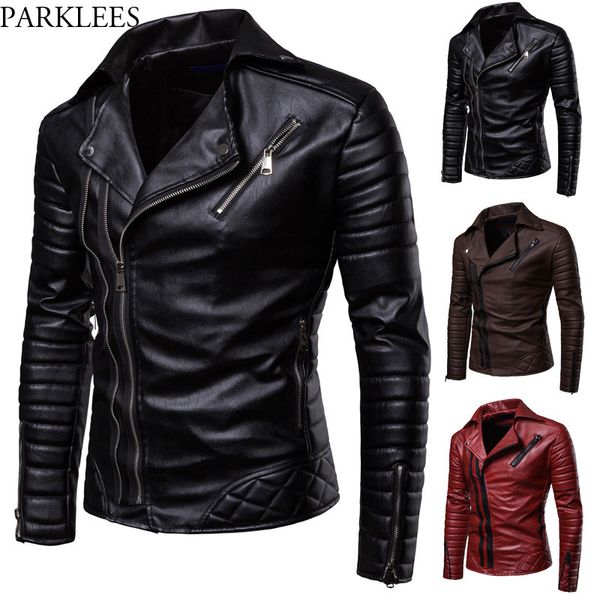 

obique zipper motorcycle leather jacket men 2018 stylish striped winter windproof casaco masculino pu leather jackets coats mens, Black
