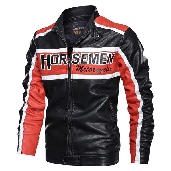 

2019 new men's pu leather casual motorcycle jacket men's casual stand collar zipper leather jacket men plus velvet bomber, Black