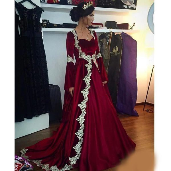 

real p arabic burgundy velvet formal evening dresses lace appliques long sleeves caftan dubai prom gowns muslim party dress, Black;red