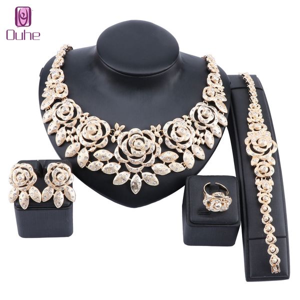 

women wedding bridal party crystal flower gold color pendant fine statement necklace earrings bangle rings jewelry set, Silver