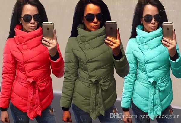 

apparel womens winter desinger parkas solid color belt irregular style female clothing stand collar winter casual, Black