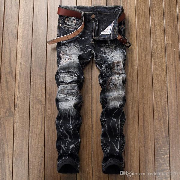 

fashion designer ripped vintage patchwork mens designer biker denim slim fit washed destroyed biker cowboy famous trousers 8955, Blue