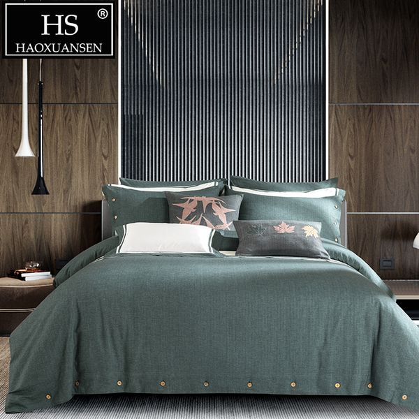 

black green button design sanding 100% cotton 4pcs bedding sets duvet cover sheet pillow case  king size warm bedclothes