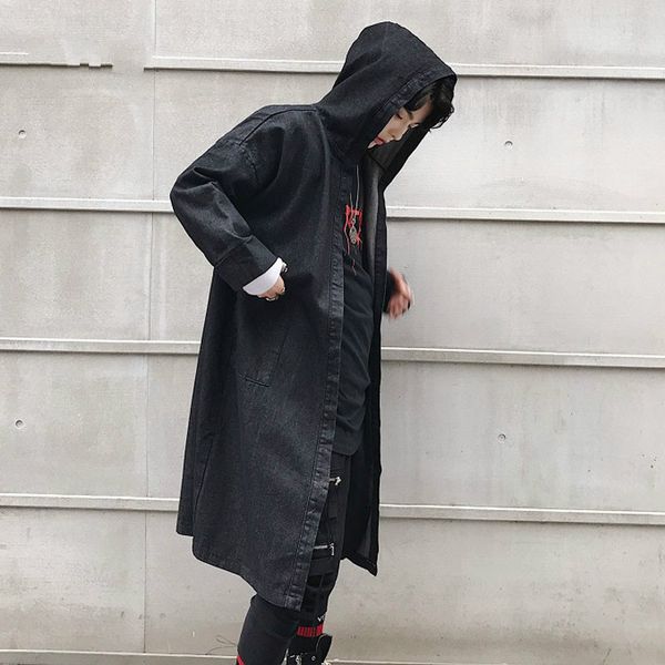 

male casual cloak cardigan cowboy trench coat men streetwear fashion casual hip hop denim hooded trench jacket, Tan;black