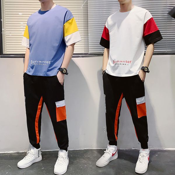 

2020 sports & leisure two piece thin splicing t-shirt, short sleeve and cropped pants suit, male, Gray