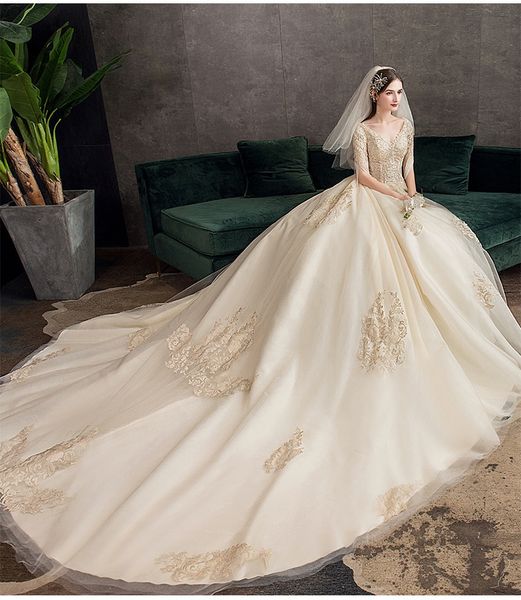 

вышивка невесты свадьба кружево середины рукав роскошного большой хвост хепберн мастер свадебное платье кисточка рукав цвет шампанское беспл, White