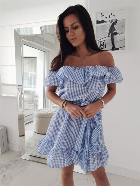 

fashion women off shoulder mini dress sweet checked print slash neck ruffle collar belt bow party dress bandage sundress, White;black