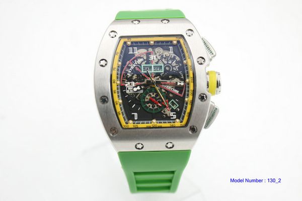 

Горячее надувательство Man 011 часы Flyback зеленый резиновый ремешок черный циферблат wacth серебряный корпус 42 мм Автоматика желтый круг часы