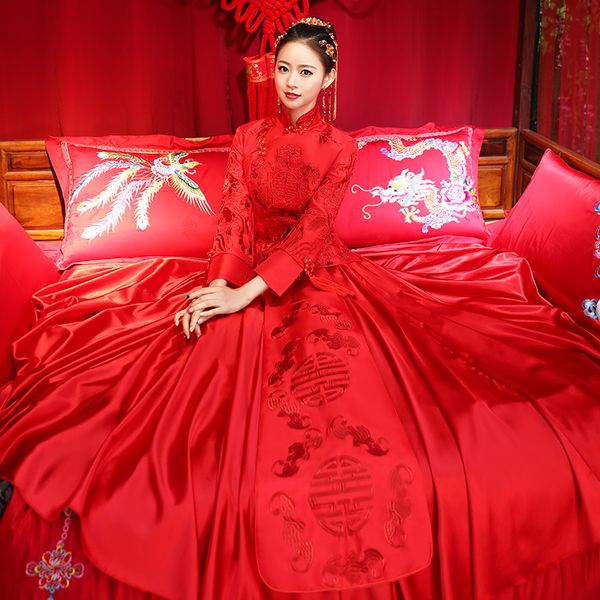 

red overseas chinese wedding dress tassels floor length women cheongsam suit classic oriental qipao marriage gift s  l xl