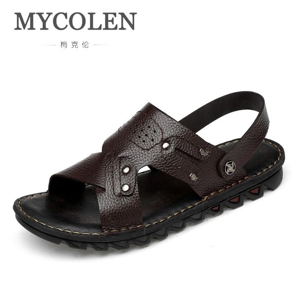 

mycolen brand quality summer sandals men leather open-toed slipper outdoor men summer sandals comfortable beach erkek sandalet, Black