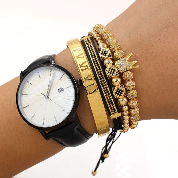 

classical handmade braiding bracelet gold hip hop men pave cz zircon crown roman numeral bracelet luxury jewelry, White