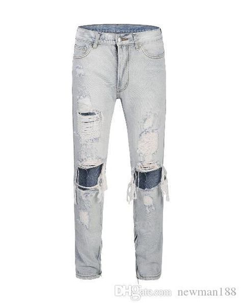 

new hip hop ripped destroyed men hole jeans biker stripe stitching bottom side zipper jean can be locomotive hole leisure trousers, Blue