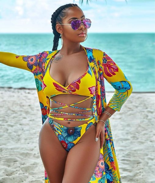 

ahvit summer sandbeach printed swimwear three piece set bandage crop and shorts and beachwear maxi coat me-q086, White