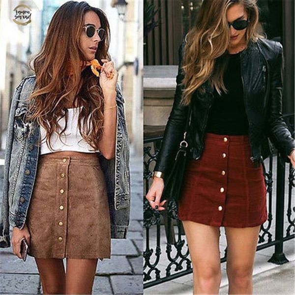 

suede fashion leather women skirt high waist lace up button pocket preppy women girl solid bodycon pencil mini skirt, Black