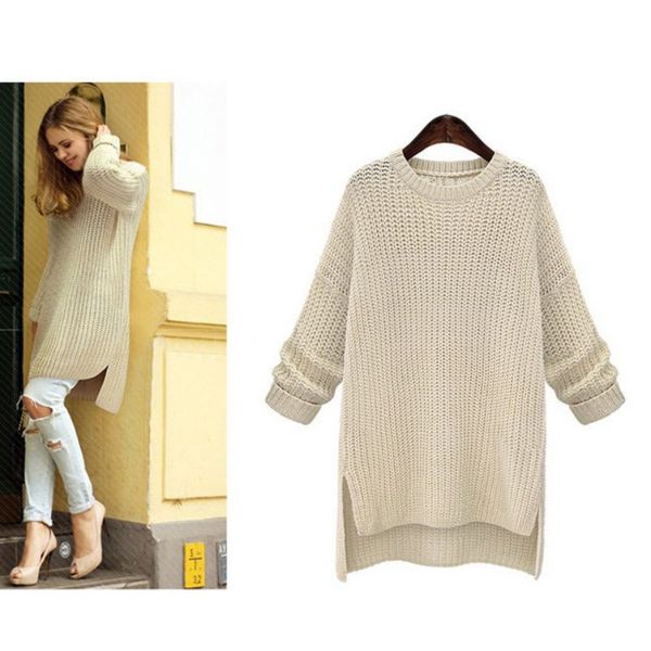 

women winter midi long thick sweaters irregular o-neck cute solid knitted pullovers girls lady casual split sweater new, White;black