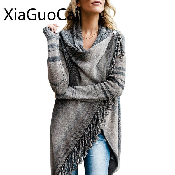 

2018 spring ladies pullovers irregular knitted sweater cardigan vintage tassel striped open stitch sweaters bow 2wear lu7 35, Black
