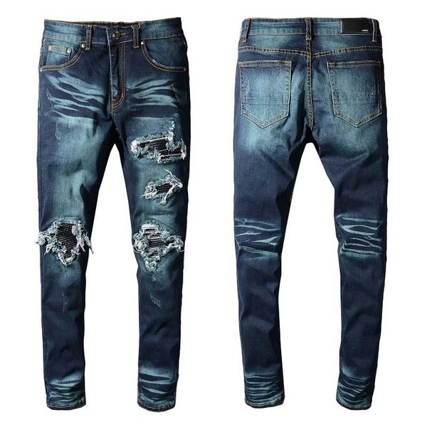 

high street tide brand men's hole patch beggar jeans korean version of the trend of personality feet pants kanye pants men, Blue