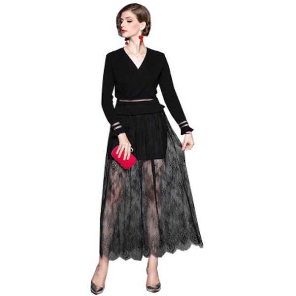 

knitted long sleeve party luxury casual lace dresses for women designer chic vintage work style skirts, Black;gray