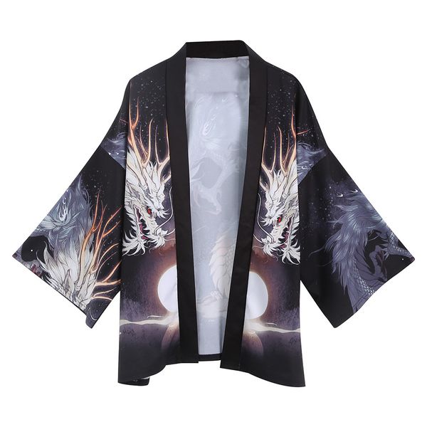 

chinese dragon men harajuku kimono shirts 2019 man japanese streetwear hip hop summer shirts male black vintage desginer clothes, White;black