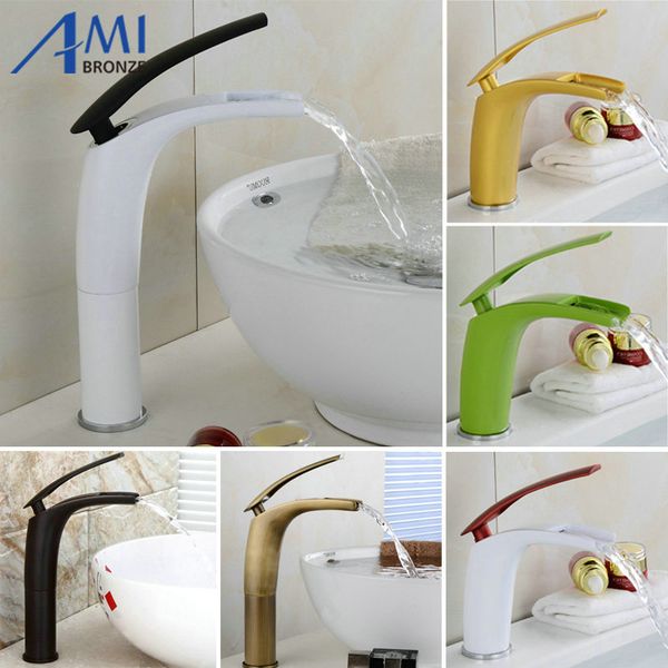 

colorful painted basin faucets cold mixer bathroom basin tap brass white/black/green/nickel waterfall faucet 8 8086