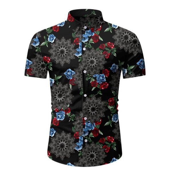 

chamsgend short sleeve male shirt polyster men's blouse casual summer printed button short sleeve hawaiian shirt blouse, White;black