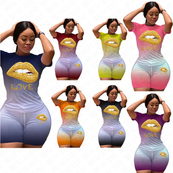

s-4xl women brand tracksuit color gradient lips t-shirt and shorts sets two piece sport suit trendy outfits letters sportwear cloth d61816, White