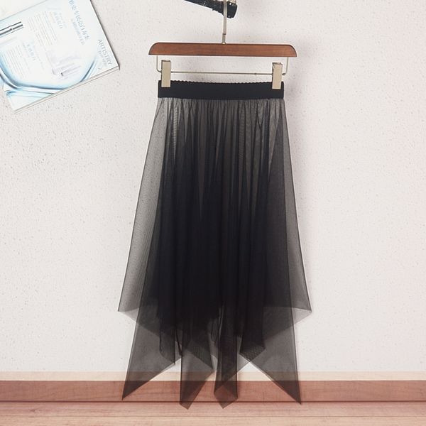 

korean fashion summer women transparent asymmetry midi skirt tulle skirt one layers high waist irregular skirts, Black