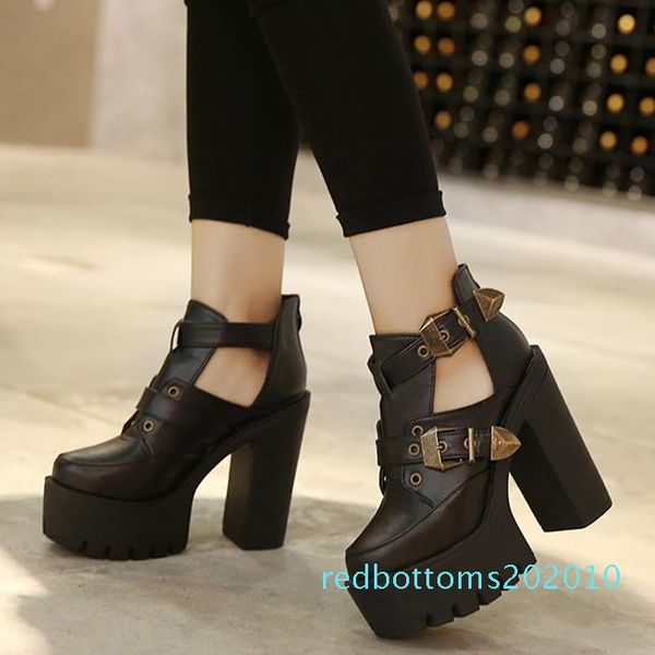 

fashion buckle platform chunky heels designer shoes motorcycle ankle bootie r10, Black