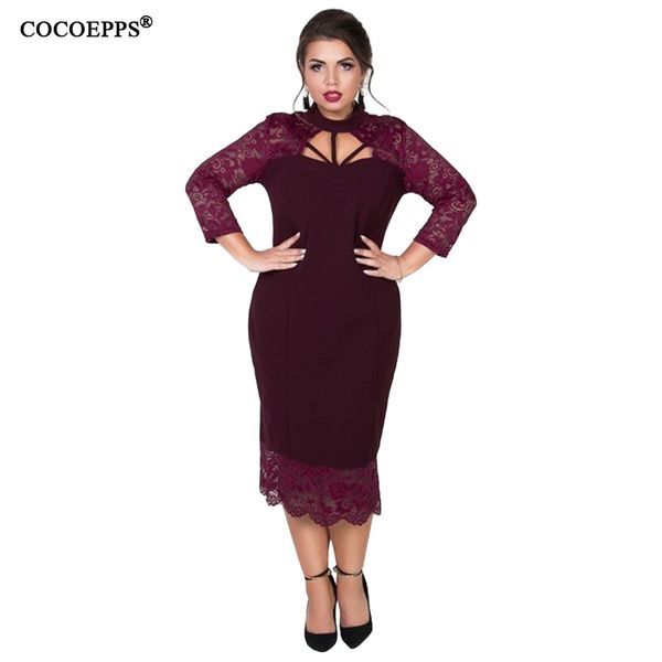 

cocoepps 2019 new plus size women lace dress hollow out fashion dress 5xl 6xl autumn party large size female clothing, Black;gray