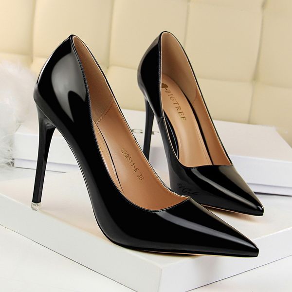 

spring autumn women elegant 10cm thin high heel shallow pumps shoes ladies patent leather pointed toe slip-on office party shoes, Black