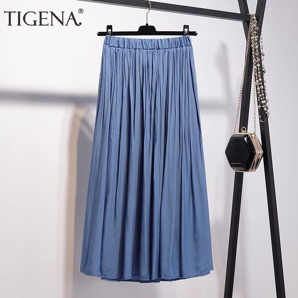 

tigena long maxi skirts women fashion 2019 summer elastic high waist pleated skirt female elegant black white blue school skirt