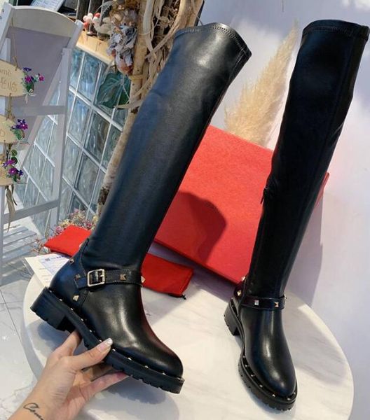 Престижное новых женщин Rivet Бедро-High Over Knee Knight квадратным каблуком Winter Snow Boots натуральная кожа обувь размер 35-42