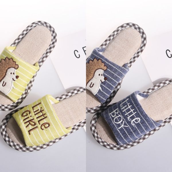 

children' autumn boys' cute cotton and linen slippers cartoon cotton linen four seasons slippers soft bottom anti-skid, Black;grey