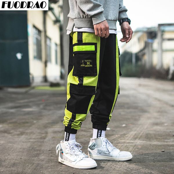

fuodrao hip hop streetwear cargo pants men 100% cotton joggers pants men patchwork pockets harem korean casual k257, Black