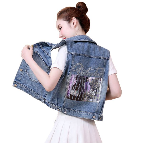 

5xl plus size korean wmen's denim vest fashion cool summer sleeveless jacket diamond print female casual jeans coat waistcoat, Black;white