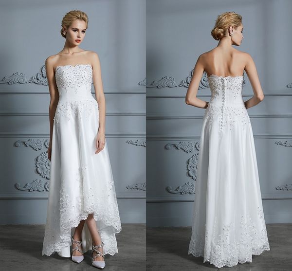

2019 asymmetrical train wedding dresses lace applique crystal beaded strapless backless formal party dress for bride beach bridal dress gown, White