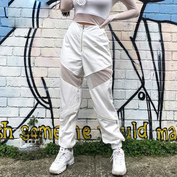 

конструктор sweatpants повседневные брюки высокой талией брюки женщины white сыпучие выдалбливают лоскутная сетки молнии длина женщины повсе, Black;white